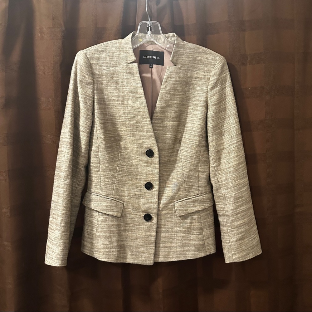 Lafayette 148 Tan Linen Three Button Blazer Jacket Size 2